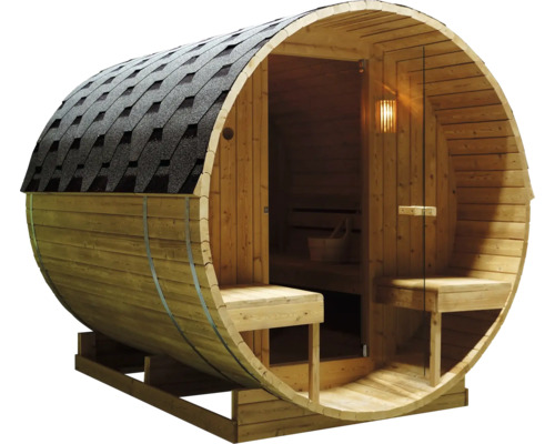 Fasssauna aus Holz mit Dachschindeln und Glastür