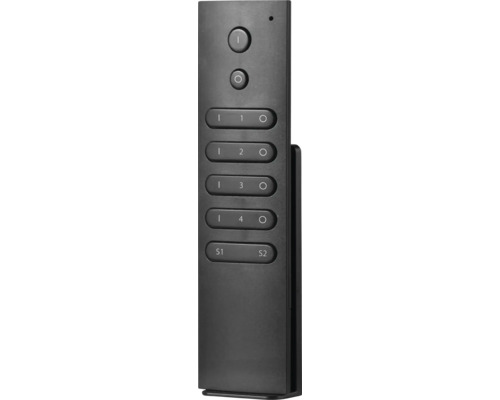 Schwarze Fernbedienung mit Tasten zur Steuerung von elektronischen Geräten.