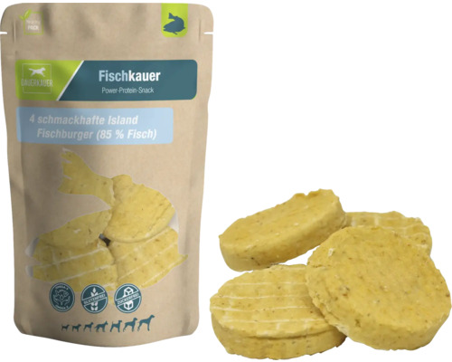 Hundesnack Dauerkauer Fischkauer Island Fischburger 140 g 4 Stück Dauerkaue Fischkaue Hundesnack aus Islandfischburger in Verpackung und lose