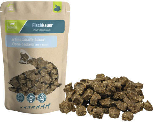 Hundesnack Dauerkauer Fischkauer Island Fisch-Leckerli 125 g Verpackung Fisch-Snack für Hunde mit der Aufschrift glutenfrei und zuckerfrei
