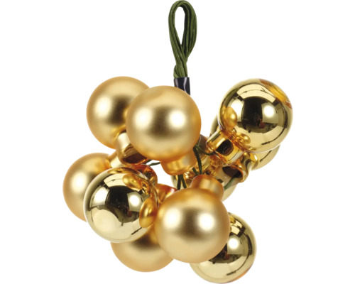 Traube goldfarbener Christbaumkugeln mit Aufhänger