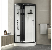 Schwarze Eckdusche mit Duschsäule und Sitzgelegenheit im Badezimmer.