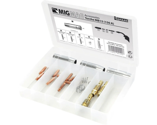MIG MAG Brenner MB15 Zubehörsatz in einer weißen Box.