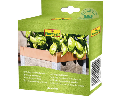 Schneckenabwehr FloraSelf Schnecken-Abwehrband Kupfer 3 cm x 5 m FloraSelf Schneckenabwehrband Verpackung mit Pflanzgefäß-Abbildung