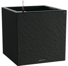 Schwarzer Pflanzkasten mit Bewässerungssystem und Struktur