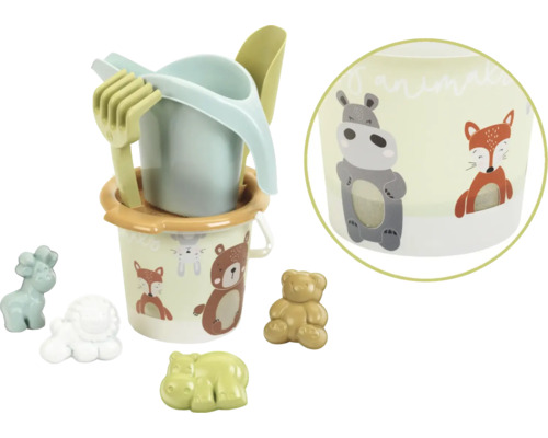 Sandspielzeugset mit Eimer, Schaufel, Rechen und Förmchen