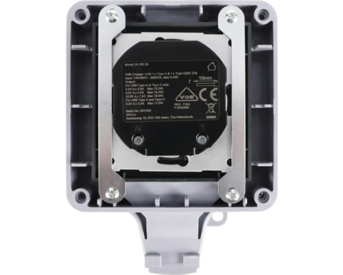 Elektronisches Bauteil mit USB Ladegerät und VDE Siegel.