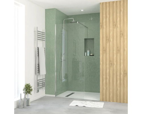Raumdusche Aurlane Essential 800x1950 mm Echtglas Klar hell chrom Reversibel Modernes Badezimmer mit Dusche, Handtuchwärmer und Holzelementen