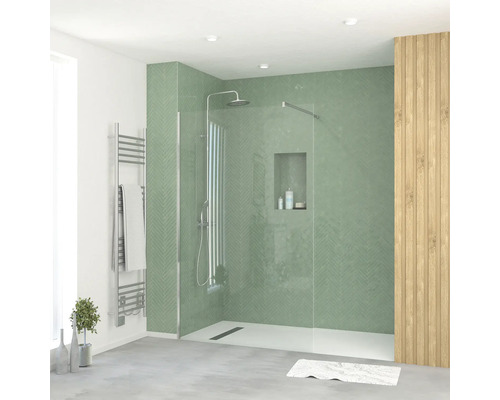 Raumdusche Aurlane Essential 1200x1950 mm Echtglas Klar hell chrom Reversibel Begehbare Dusche mit Handtuchwärmer, Nische und Holzverkleidung in einem hellen Badezimmer