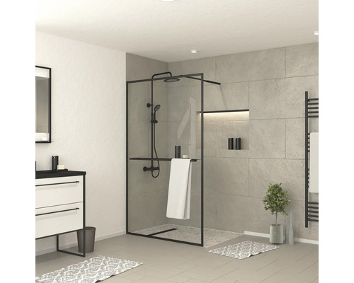 Raumdusche Aurlane Dark Edge Shelf 1200x2000 mm Echtglas Klar hell schwarz Reversibel