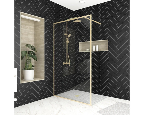 Raumdusche Aurlane Golden Edge 1000x2000 mm Echtglas Klar hell gold Reversibel Badezimmer mit Duschkabine, eingebauter Ablage und Zimmerpflanze