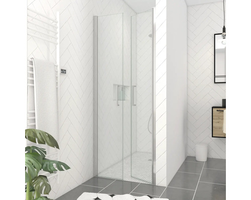 Pendeltüre für Nische Aurlane Silver Calm 800x2000 mm Echtglas Klar hell chrom Badezimmer mit Duschkabine, Handtuchwärmer und Waschtisch