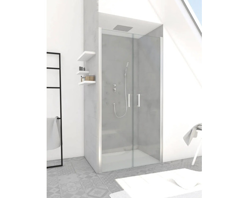 Pendeltüre für Nische Aurlane Silver Calm 900x2000 mm Echtglas Klar hell chrom Begehbare Duschkabine mit Duschkopf und Massagedüsen im Badezimmer