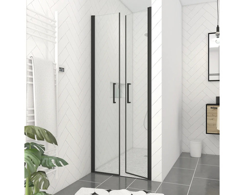 Pendeltüre für Nische Aurlane Black Calm 800x2000 mm Echtglas Klar hell schwarz Badezimmer mit schwarzer Duschkabine mit Falttüren