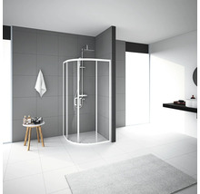 Modernes Badezimmer mit runder Duschkabine, Waschbecken und Ablage