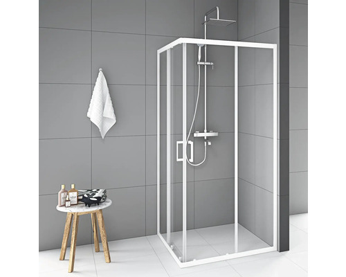 Eckeinstieg mit Schiebetüre Aurlane Factory White Square 900x900x2000 mm Echtglas Klar hell weiß Reversibel Eckeinstieg mit Schiebetüre Aurlane Factory White Square 900x900x2000 mm Echtglas Klar hell weiß Reversibel