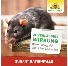 Eine Ratte neben einem Hinweiszettel mit dem Text ''Zuverlässige Wirkung. Ratten erfolgreich und sicher bekämpfen'' und dem Neudorff Logo. Sugan Rattenfalle