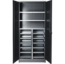 Offener Werkzeugschrank mit Fachböden und Schubladen