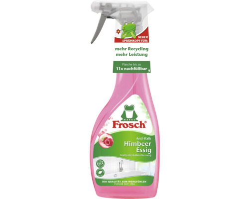 Himbeer-Essig Anti-Kalk Frosch Sprühflasche 0,5 L Frosch Himbeer Essig Reiniger zur Kalkentfernung in einer pinkfarbenen Sprühflasche
