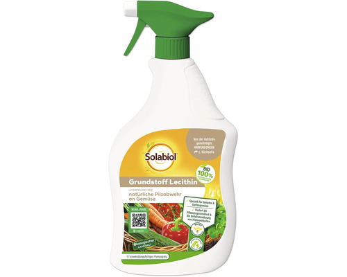 Solabiol Grundstoff Lecithin Pflanzenschutzmittel in einer Ein-Liter-Sprühflasche zur natürlichen Pilzabwehr für Gemüse.