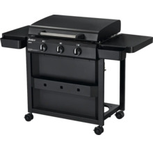 Schwarzer Gasgrill mit drei Brennern, Ablageflächen und Rollen