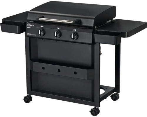 Schwarzer Gasgrill mit drei Brennern, Ablageflächen und Rollen