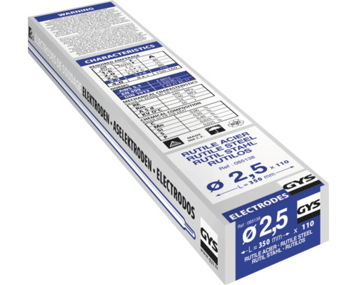 Verpackung GYS Elektroden mit der Aufschrift Rutile Acier Rutile Steel Rutil Stahl Rutilos Durchmesser 2,5 x 110 Millimeter