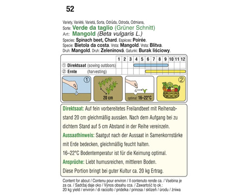 Illustration von Mangold Anbauhinweisen mit Direktsaat, Ernte und optimaler Bodentemperatur
