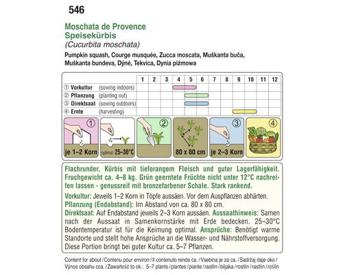 Aussaatkalender für Moschata de Provence Speisekürbis mit Informationen zu Vorkultur, Pflanzung, Direktsaat und Ernte