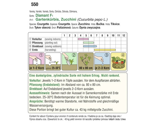 Informationen zur Zucchinisorte Diamant F1 mit Anweisungen zu Aussaat, Pflanzung und Ernte