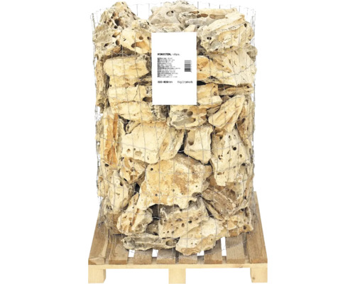 Mondstein im Drahtkorb auf Palette, Steingröße 100 bis 400 mm