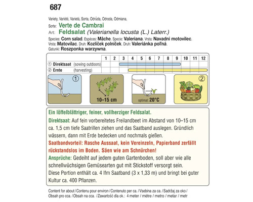 Informationen zu Feldsalat Verte de Cambrai, einschließlich Aussaat, Ernte und Anbau.