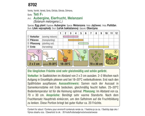 Anleitung zum Anbau von Aubergine Teti F1 mit Informationen zu Vorkultur, Pikieren, Pflanzung und Ernte