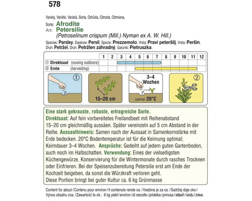 Informationen zur Aussaat und Ernte von krauser Petersilie Sorte Afrodite