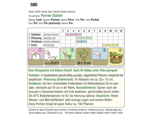 Aussaatanleitung für Porree Golem mit Informationen zu Vorkultur, Pflanzung, Direktsaat und Ernte