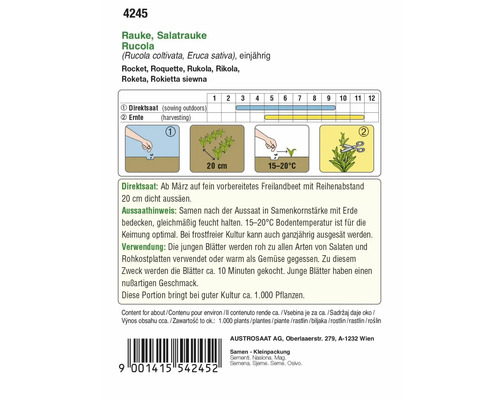 Rucola-Samenpackung mit Anweisungen zu Aussaat und Ernte