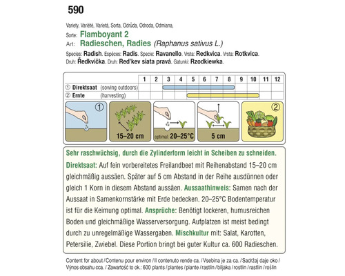 Anleitung zum Anbau von Radieschen der Sorte Flamboyant 2 mit Informationen zu Aussaat, Ernte und Anbauabstand.