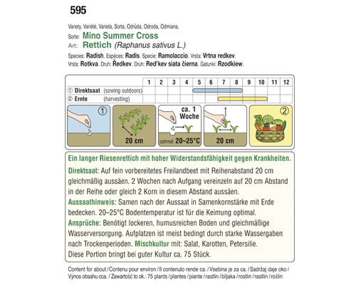 Informationen zum Anbau von Mino Summer Cross Rettich mit Direktsaat und Erntehinweisen