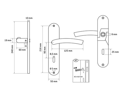 Technische Zeichnung eines Türdrückers mit Maßangaben