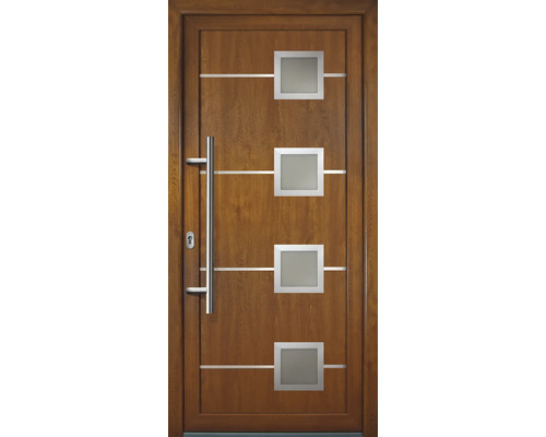 Haustür Signum Modell 1 RC2 Kunststoff goldenoak/goldenoak 1040 x 2110 mm DIN Rechts Haustür mit vier quadratischen Glaseinsätzen und Edelstahlgriff