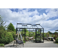 Gewächshaus im Garten mit Pflanzen, Möbeln und Gartengeräten.