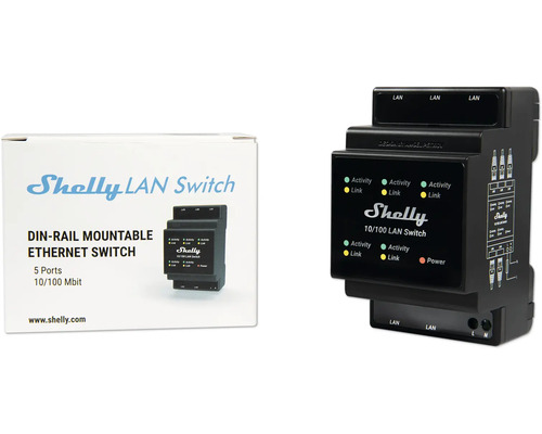 Shelly LAN Switch mit fünf Ports und Ethernet Switch für die DIN Hutschiene