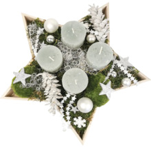 Adventsgesteck in Sternform mit vier Kerzen, Moos, Sternen und Kugeln