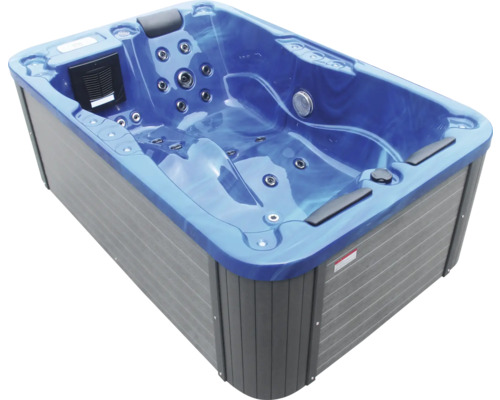 Aufstellbarer Whirlpool HomeLuxe Velden blau inkl. Abdeckung und LKW Anlieferung Blauer Whirlpool mit Düsen und grauer Verkleidung