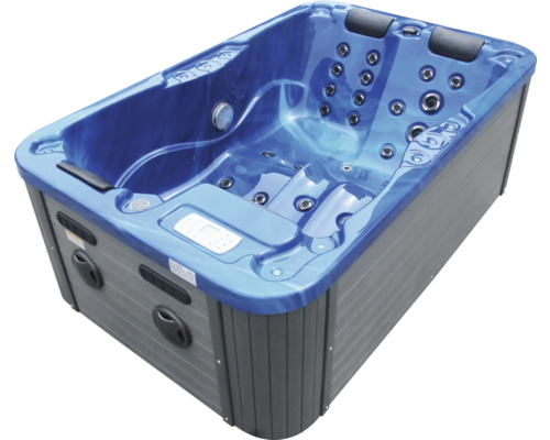 Blauer Whirlpool mit grauer Verkleidung für den Außenbereich
