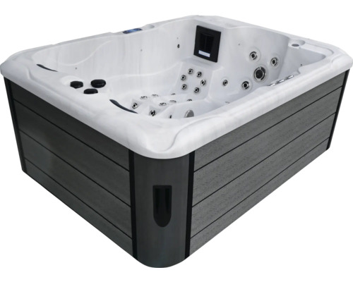 Rechteckiger Whirlpool mit grau verkleideter Außenseite und weißer Innenseite.
