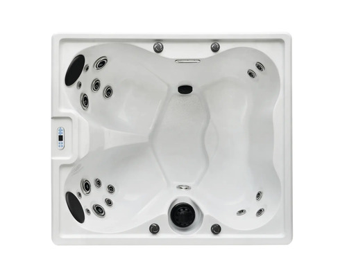 Draufsicht auf einen Whirlpool mit mehreren Sitzen und Düsen