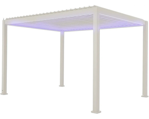 Freistehende weiße Pergola mit Lamellendach und LED-Beleuchtung für den Garten