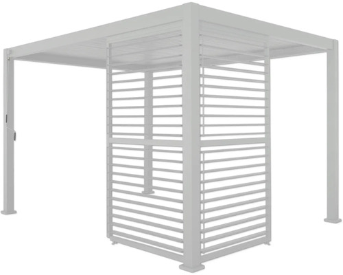 Freistehende graue Terrassenüberdachung mit Lamellenwänden.