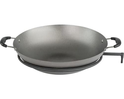 Wokpfanne aus Metall mit Griffen und Ständer
